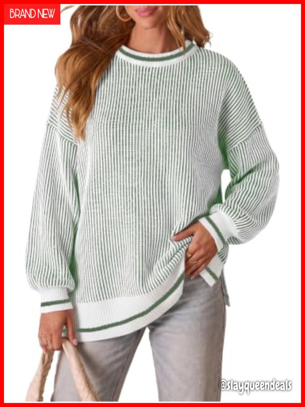 Oversized Striped Knit Pullover Sweater - Batwing Sleeve Crew Neck